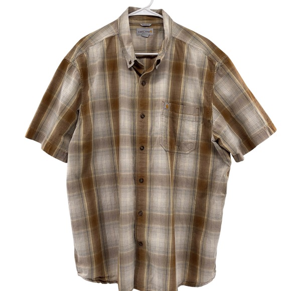 Carhartt Mens 2XL Relaxed Fit Short Sleeve Plaid Button Down Shirt Brown‎ - Picture 2 of 6